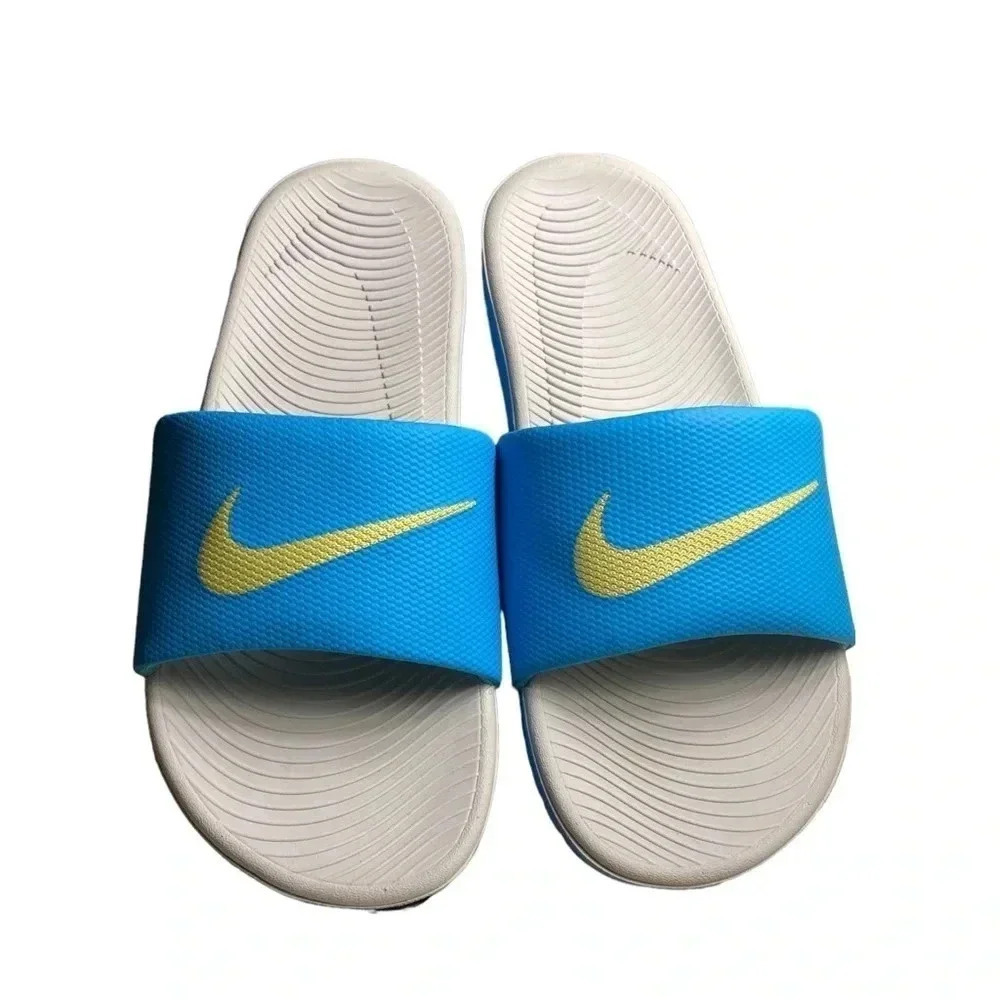 NIKE* Women’s Kawa Slides Slip-on Sandal Size 10M Sky Gray/Limelight-Blue Fury